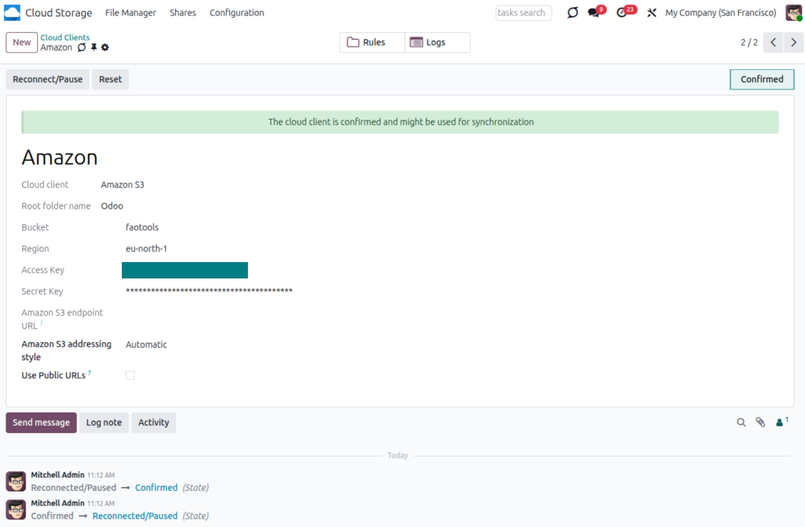 Configure and confirm the Amazon S3 cloud client in Odoo with bucket, region and keys